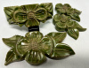 Matching marbled green flower carved bracelet, brooch & dress clips - 4 pc set